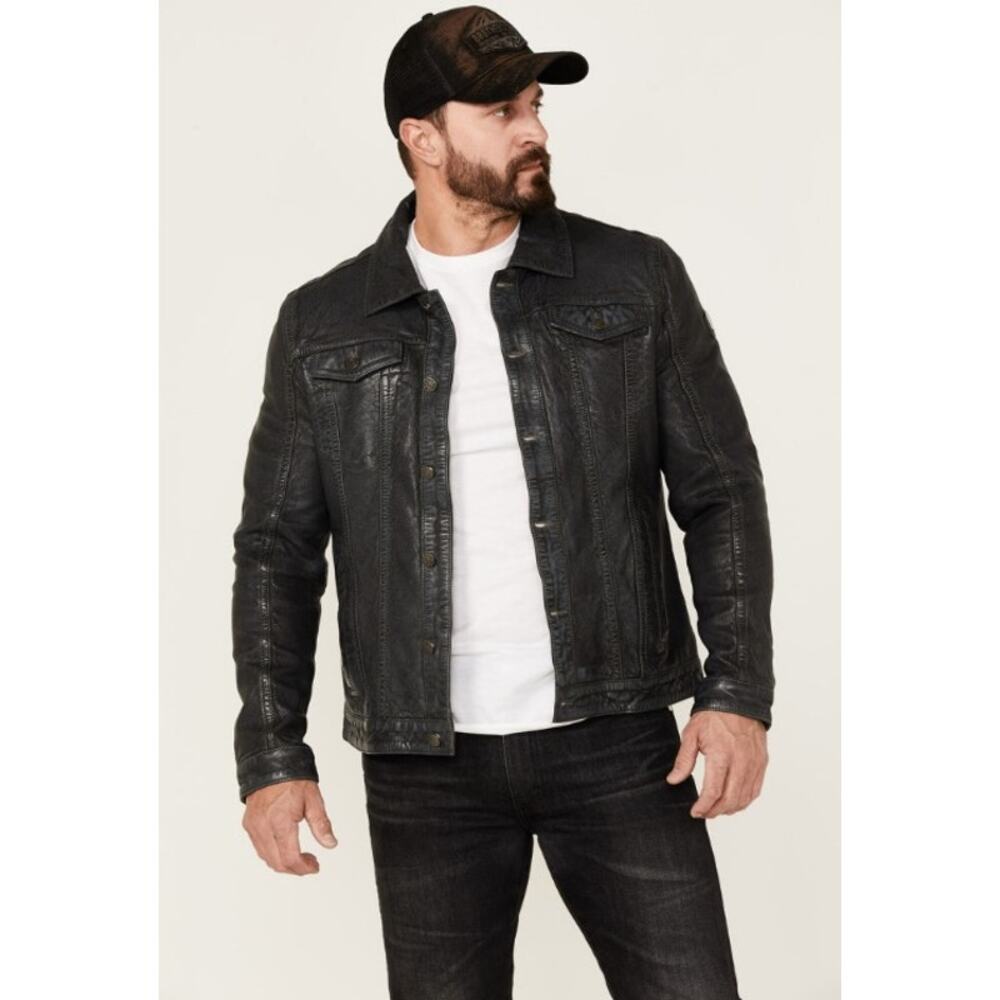 MAURITIUS LEATHER MEN'S GOEFF LAMB LEATHER ZIP-FRONT TRUCKER JACKET